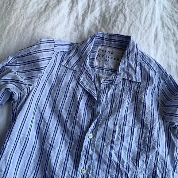 Frank & Eileen Barry Crinkle Cotton Blue Vertical Stripe Button Down Up Shirt - Picture 3 of 8
